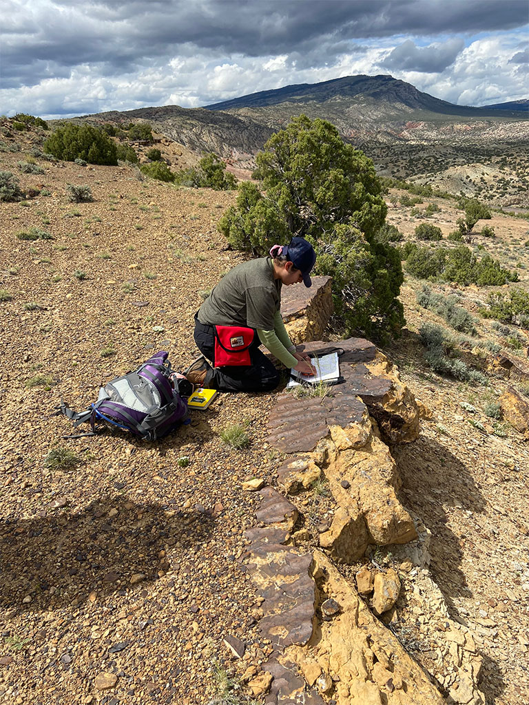 Student Princess Rodriguez takes a strike and dip measurement of an outcrop. She uses her map board as a flat surface to measure to account for the irregularity caused by ripple marks at the top of the unit. Photo Credit: Jack McLaughlin, TA