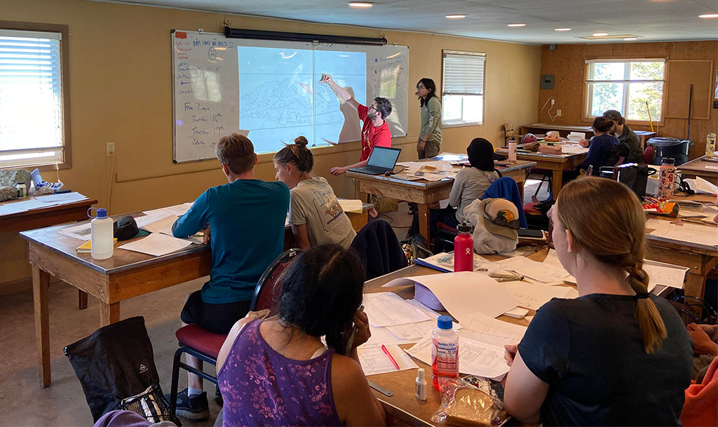 Back in the classroom, students take turns going up to the board to write down their observations and interpretations. Photo credit: Jack McLaughlin, TA
