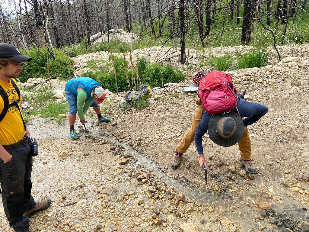 The roads in Grove Creek are notoriously difficult to drive on. Sometimes rerouting streams is necessary. Professors Tom Kalakay and Alex Robinson work under the helpful supervision of my fellow TA, Abe Masaryk. Photo credit: Jack McLaughlin, TA