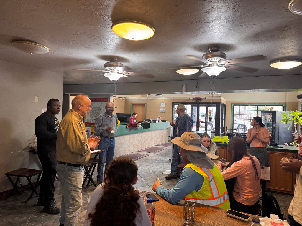 Day of survey Dr. Stewart giving a pre-survey briefing to students in Fort Stockton after breakfast at the hotel where we were staying.