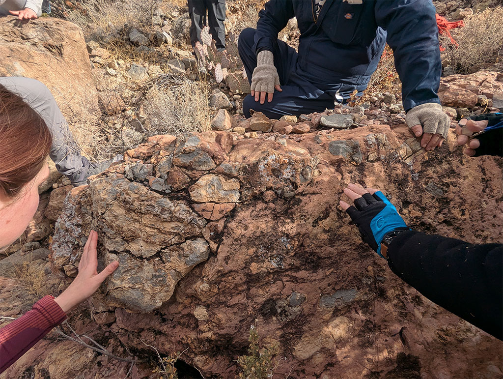 Dr. Pete Copeland giving students a literal hands-on opportunity to help collect samples for ongoing research projects! Research students have the chance to present their results to the Geological Society of America conference in 2026.