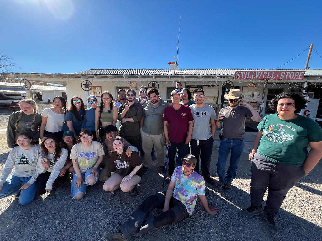 Photo credit TA Michael Daniel - Group photo of the Structural Geology class of the spring of 2026 outside of the famous Stillwell Store.