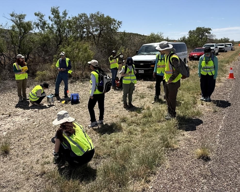 Students taking geophysical measurements during our Environmental Geophysics Field Camp course, May 2026. Photo credit: Dr. Rob Stewart