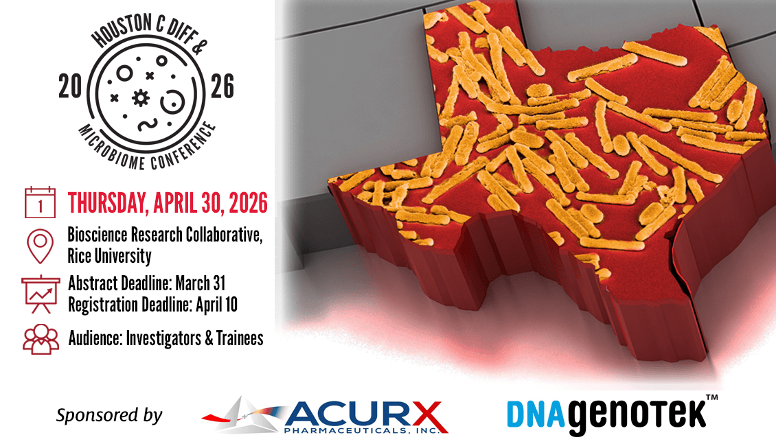 graphic with key dates, location and audience, and outline map of Texas in red with yellow bacteria