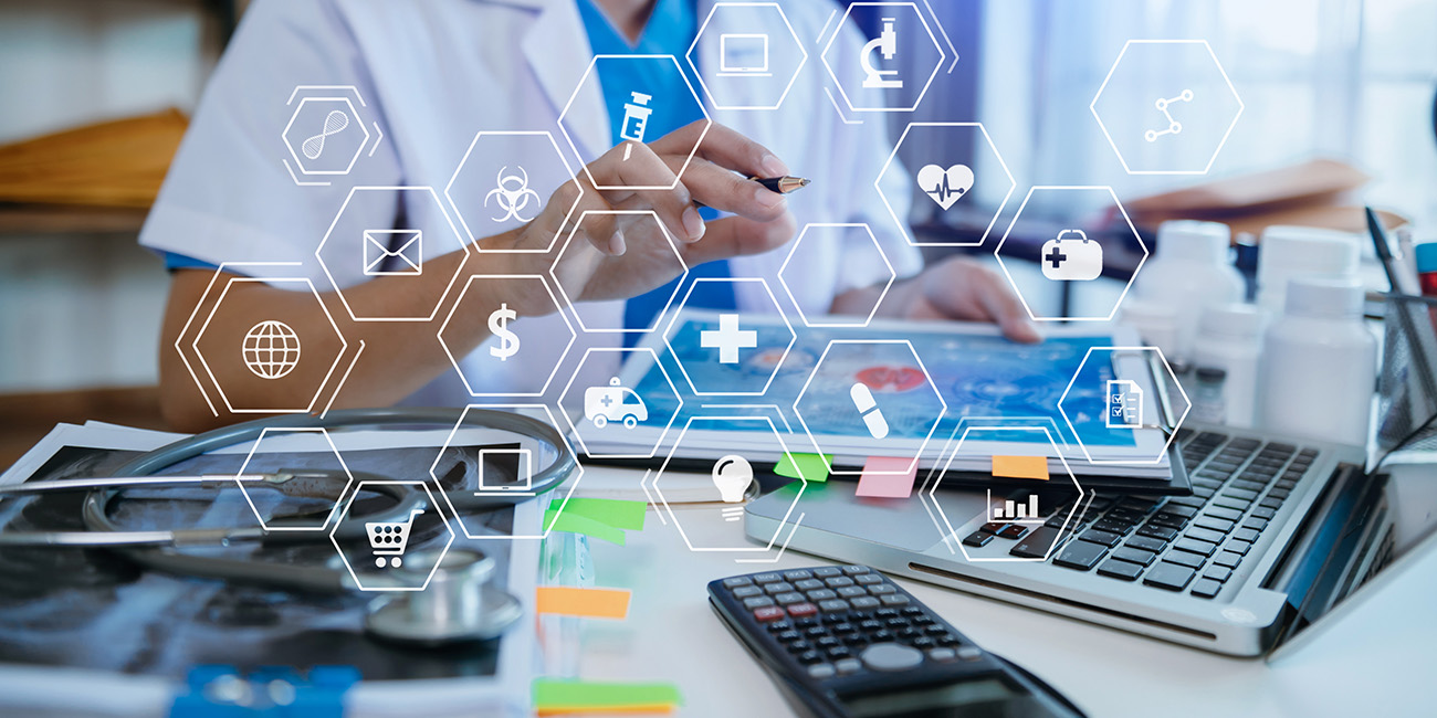 health care provider with calculators and icons representing medicine and economics.