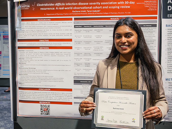 Pharm.D. student Rachana Inteti received an honorable mention for her research poster, “Clostridioides difficile infection disease severity association with 30-day recurrence: A real-world observational cohort and scoping review.”