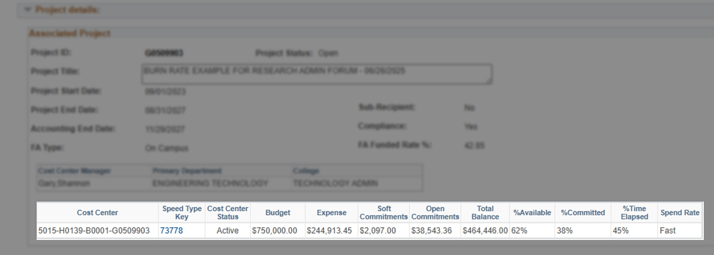 project details screen with burn rate calculator area highlighted