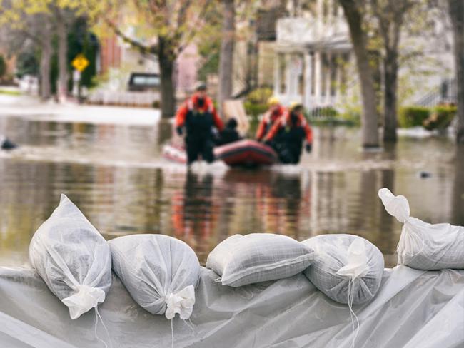 stock photo with high water and sandbags