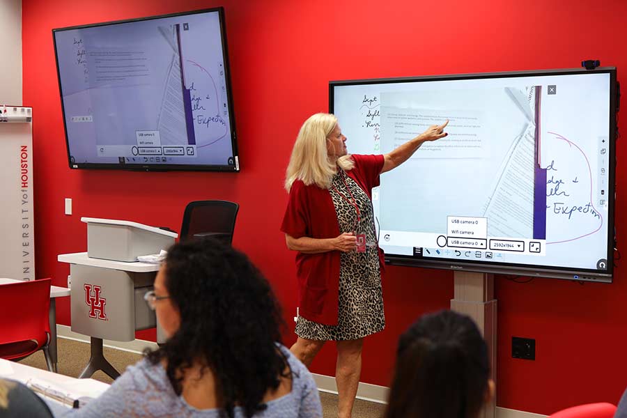 An instructor pointing to notes displayed on a large monitor.