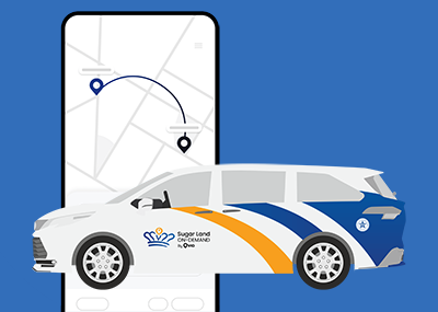 Graphic of a white vehicle superimposed over a mobile phone displaying an ride-share app with a city map.